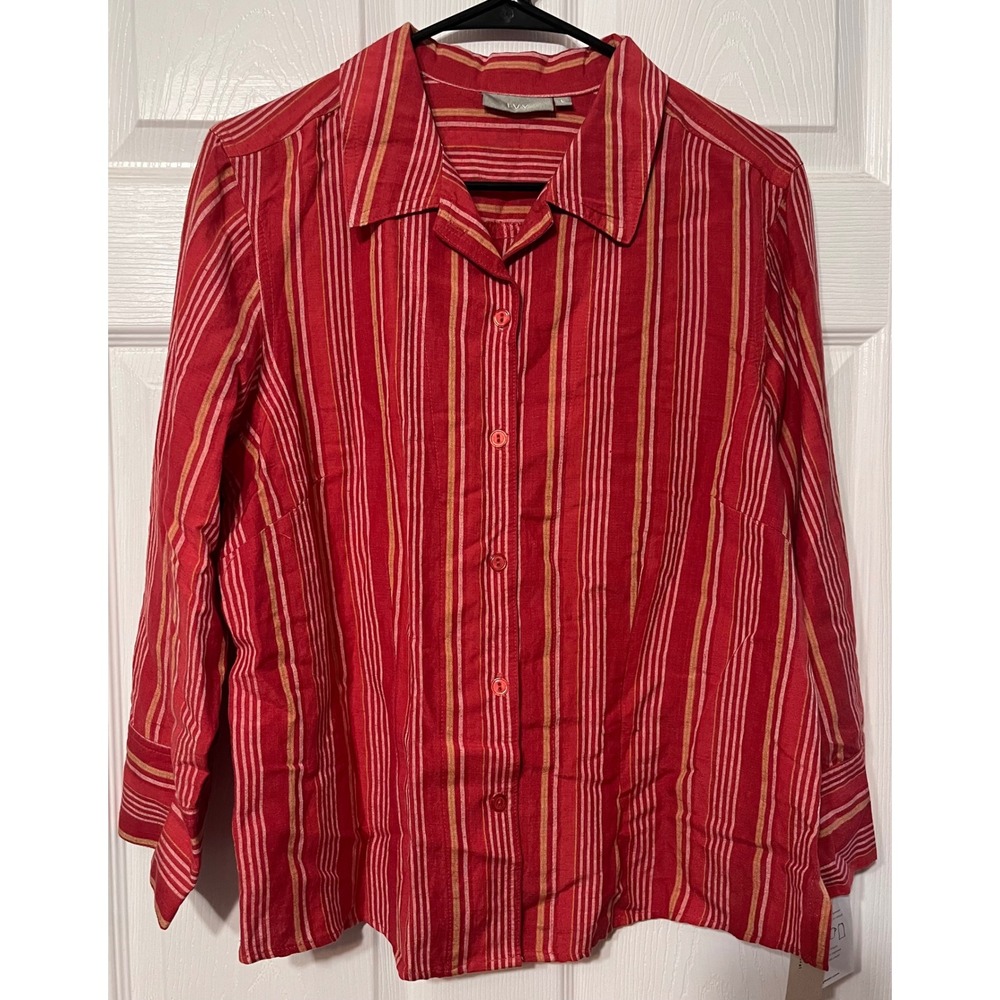 Ivy‎ Hamptons Red Striped Linen Blend Button Down Shirt Womens Large NEW